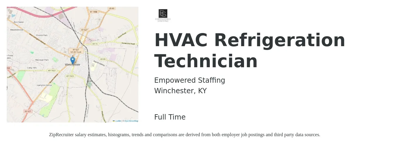 Empowered Staffing job posting for a HVAC Refrigeration Technician in Winchester, KY with a salary of $22 to $32 Hourly with a map of Winchester location.