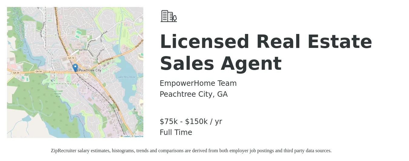 EmpowerHome Team job posting for a Licensed Real Estate Sales Agent in Peachtree City, GA with a salary of $75,000 to $150,000 Yearly with a map of Peachtree City location.