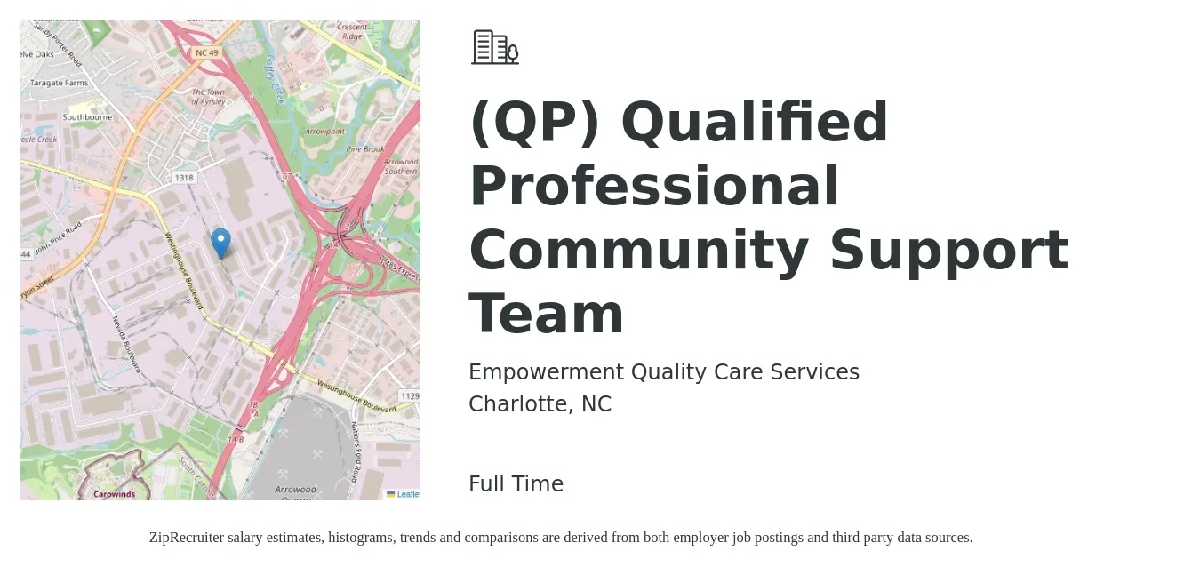 Empowerment Quality Care Services job posting for a (QP) Qualified Professional Community Support Team in Charlotte, NC with a salary of $22 to $25 Hourly with a map of Charlotte location.