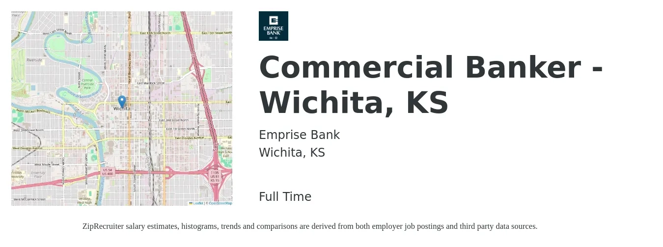 Emprise Bank job posting for a Commercial Banker - Wichita, KS in Wichita, KS with a salary of $98,400 to $160,100 Yearly with a map of Wichita location.