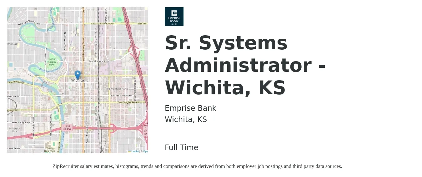 Emprise Bank job posting for a Sr. Systems Administrator - Wichita, KS in Wichita, KS with a salary of $76,900 to $104,200 Yearly with a map of Wichita location.