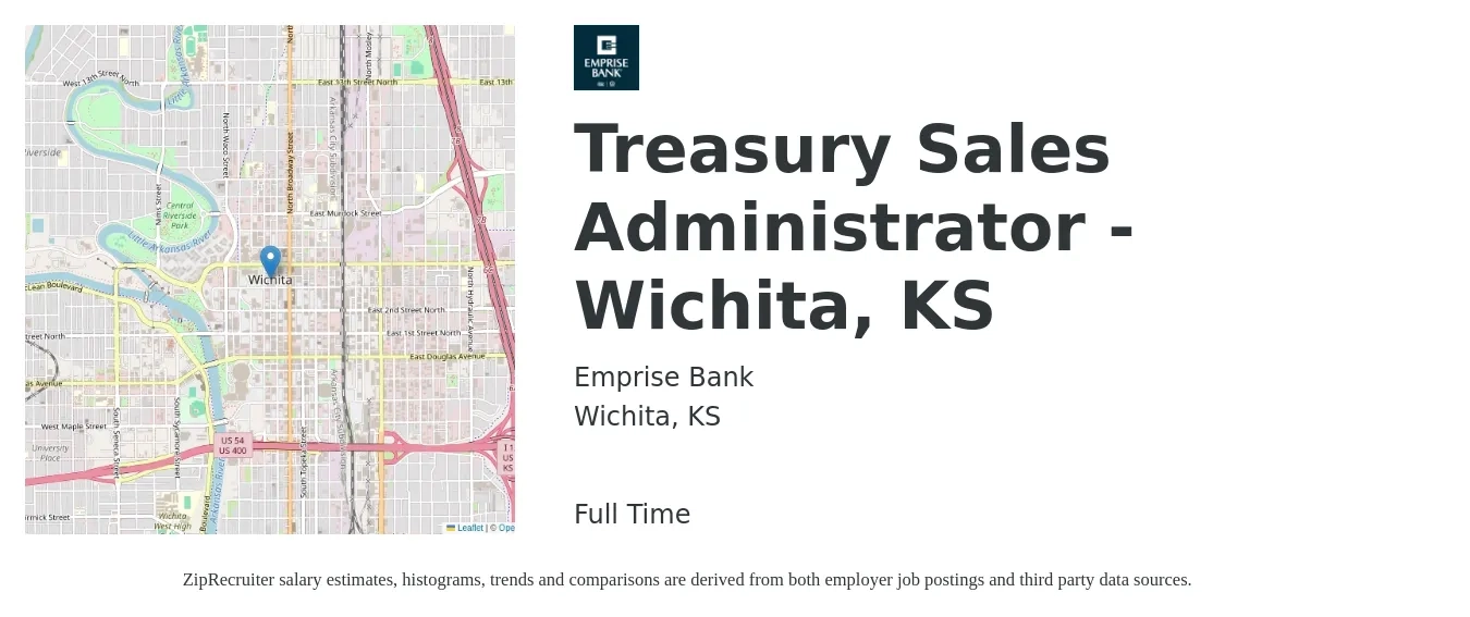Emprise Bank job posting for a Treasury Sales Administrator - Wichita, KS in Wichita, KS with a salary of $18 to $24 Hourly with a map of Wichita location.