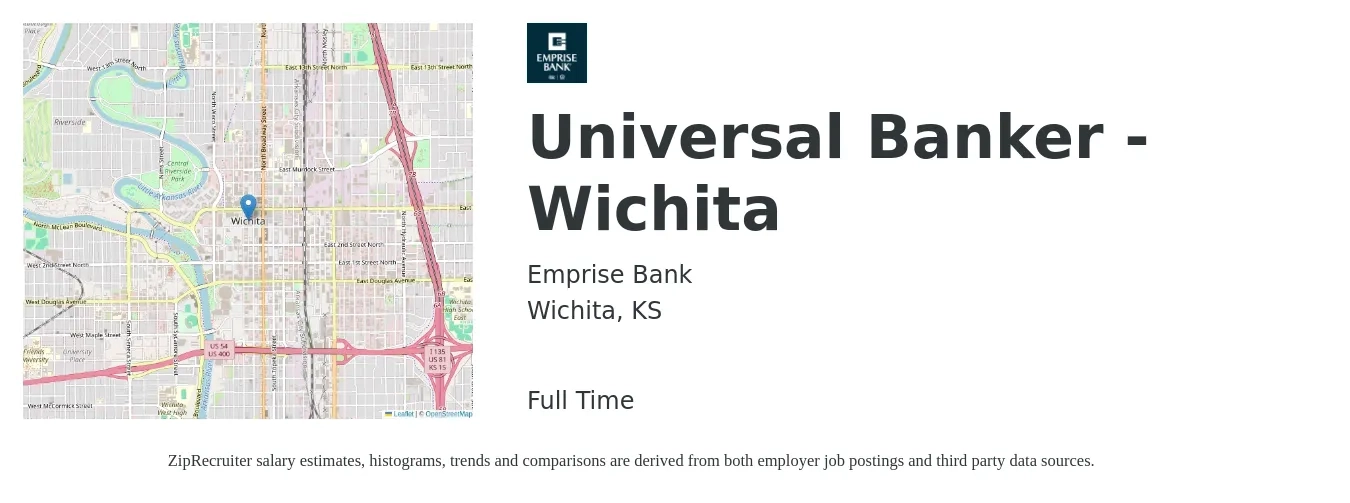 Emprise Bank job posting for a Universal Banker - Wichita in Wichita, KS with a salary of $16 to $20 Hourly with a map of Wichita location.