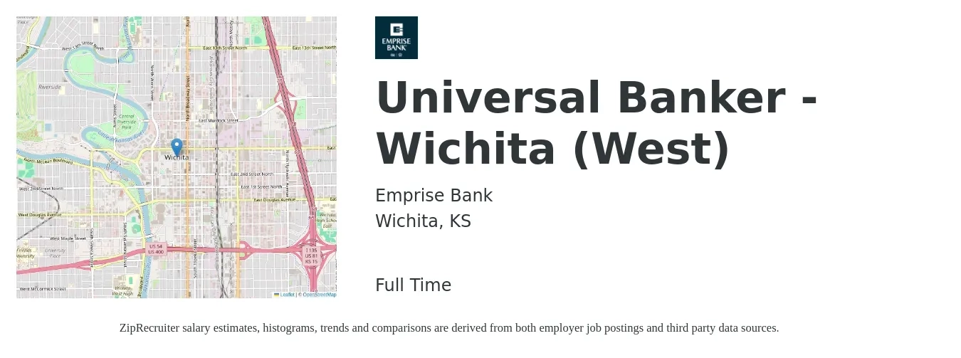 Emprise Bank job posting for a Universal Banker - Wichita (West) in Wichita, KS with a salary of $16 to $20 Hourly with a map of Wichita location.