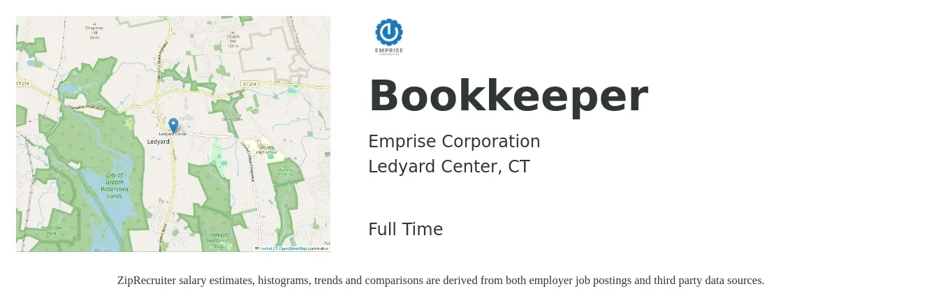 Emprise Corporation job posting for a Bookkeeper in Ledyard Center, CT with a salary of $20 to $28 Hourly with a map of Ledyard Center location.