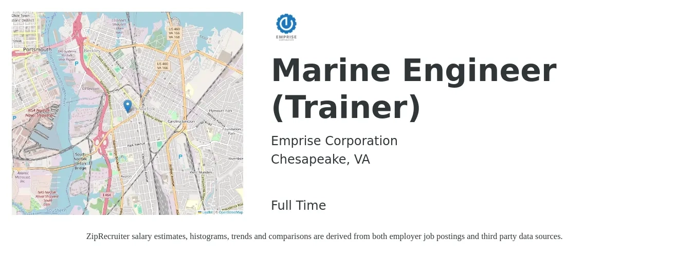 Emprise Corporation job posting for a Marine Engineer (Trainer) in Chesapeake, VA with a salary of $45,400 to $65,000 Yearly with a map of Chesapeake location.