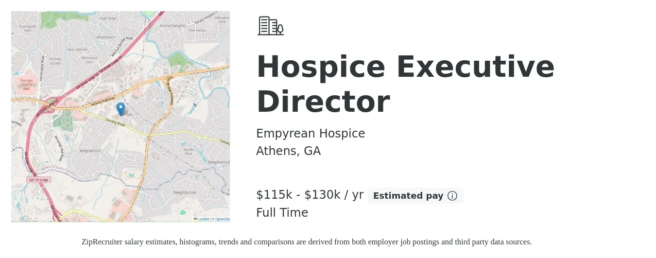 Empyrean Hospice job posting for a Hospice Executive Director in Athens, GA with a salary of $115,000 to $130,000 Yearly with a map of Athens location.