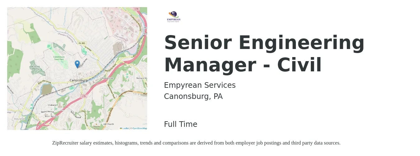 Empyrean Services job posting for a Senior Engineering Manager - Civil in Canonsburg, PA with a salary of $104,300 to $149,800 Yearly with a map of Canonsburg location.