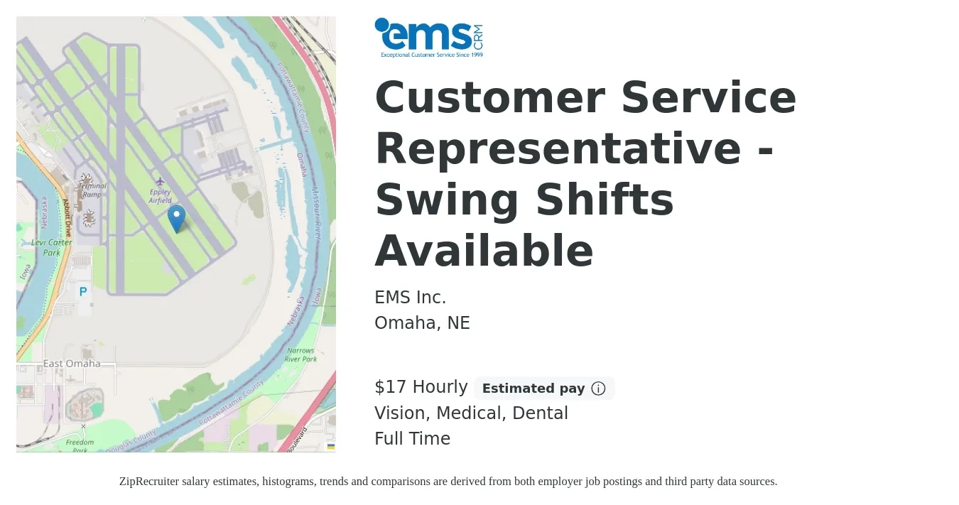 EMS Inc. job posting for a Customer Service Representative - Swing Shifts Available in Omaha, NE with a salary of $18 Hourly and benefits including dental, life_insurance, medical, and vision with a map of Omaha location.