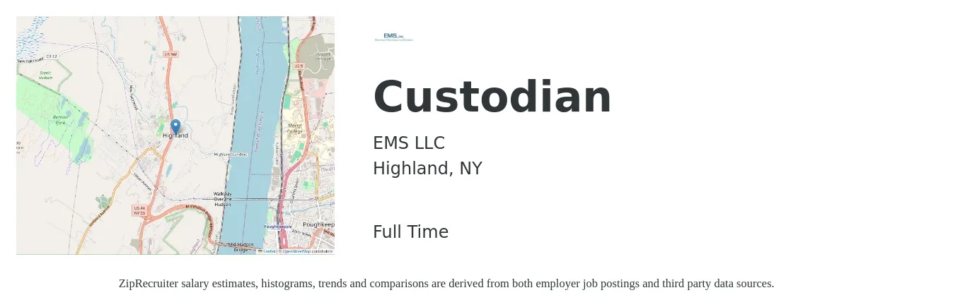 EMS LLC job posting for a Custodian in Highland, NY with a salary of $14 to $18 Hourly with a map of Highland location.
