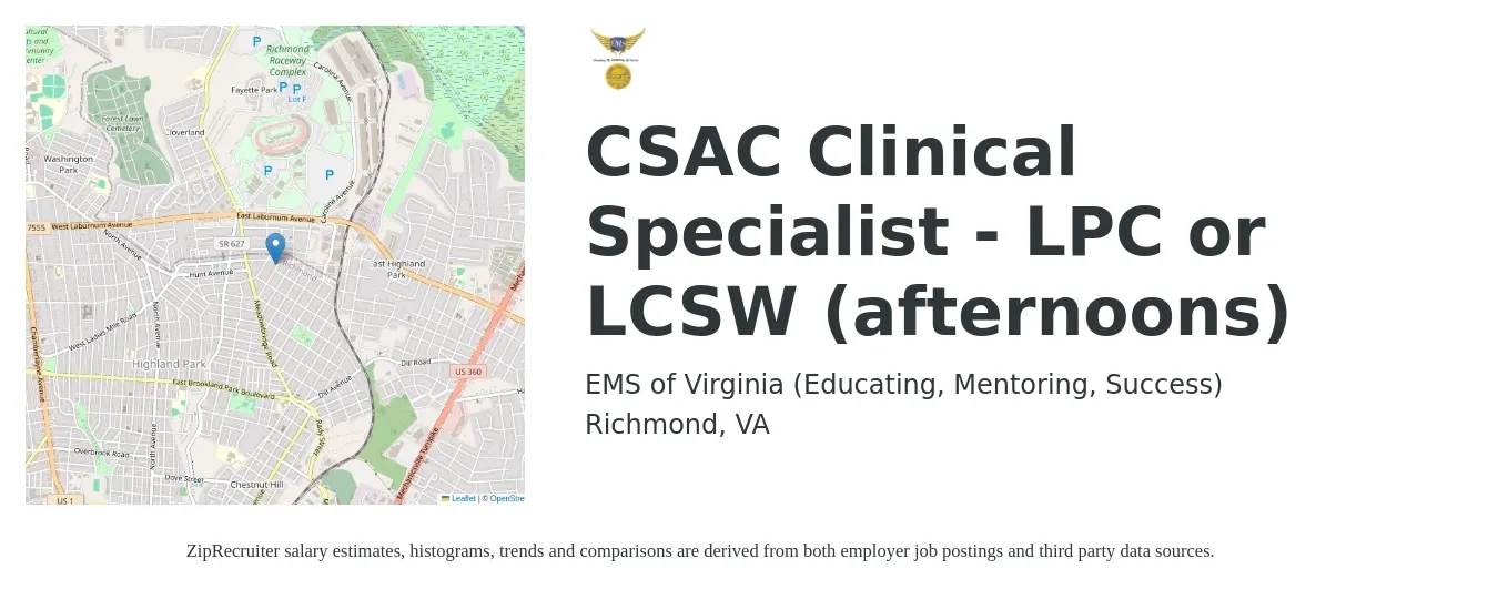 EMS of Virginia (Educating, Mentoring, Success) job posting for a CSAC Clinical Specialist - LPC or LCSW (afternoons) in Richmond, VA with a salary of $28 to $32 Hourly with a map of Richmond location.