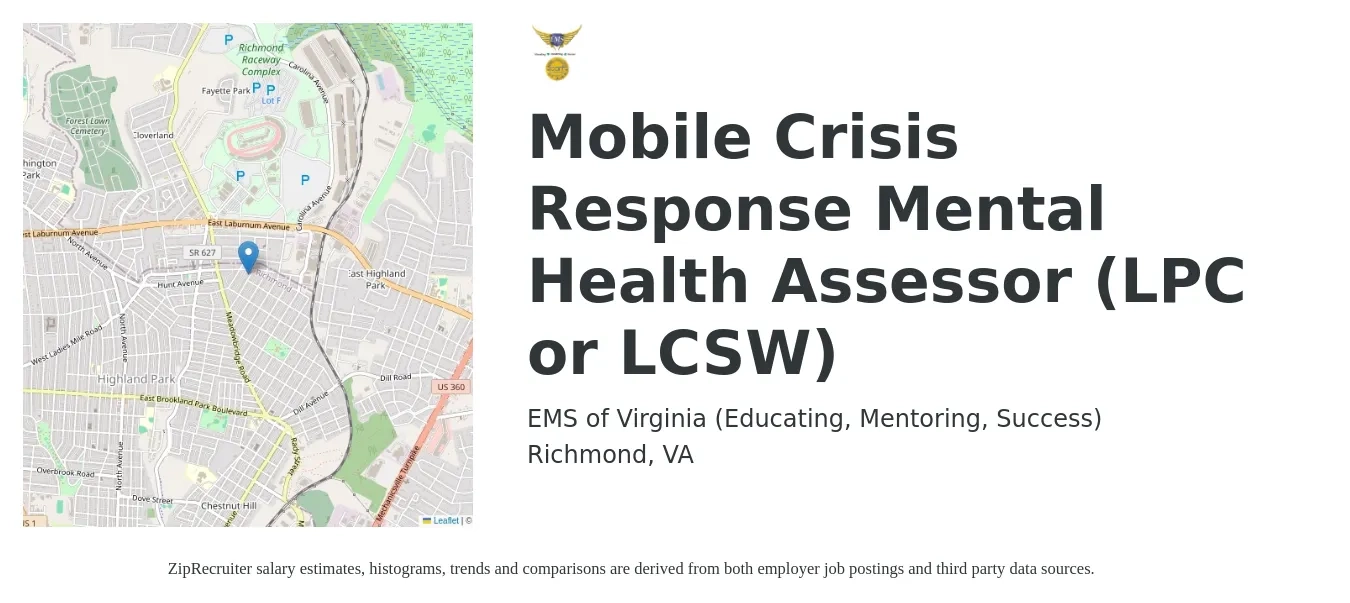 EMS of Virginia (Educating, Mentoring, Success) job posting for a Mobile Crisis Response Mental Health Assessor (LPC or LCSW) in Richmond, VA with a salary of $25 to $32 Hourly with a map of Richmond location.
