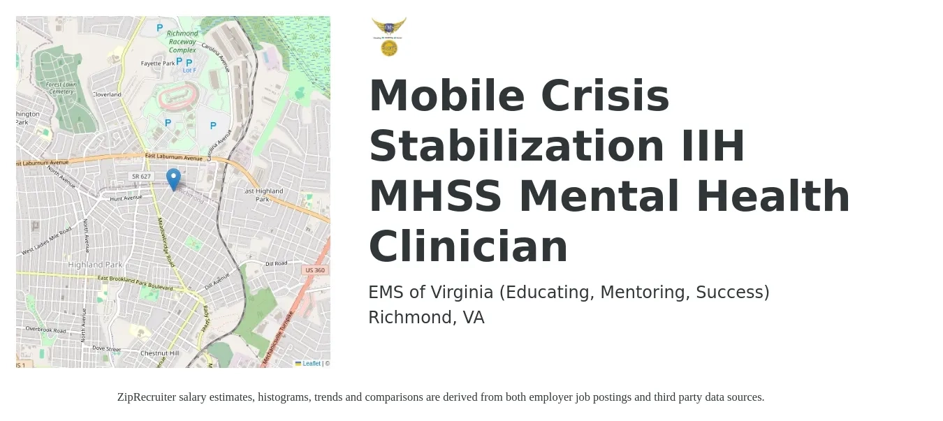 EMS of Virginia (Educating, Mentoring, Success) job posting for a Mobile Crisis Stabilization IIH MHSS Mental Health Clinician in Richmond, VA with a salary of $50,100 to $66,200 Yearly with a map of Richmond location.