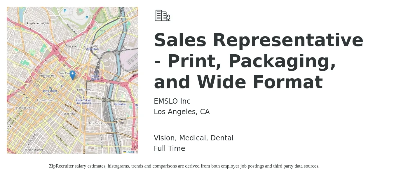 EMSLO Inc job posting for a Sales Representative - Print, Packaging, and Wide Format in Los Angeles, CA with a salary of $54,600 to $94,900 Yearly and benefits including vision, dental, medical, pto, and retirement with a map of Los Angeles location.