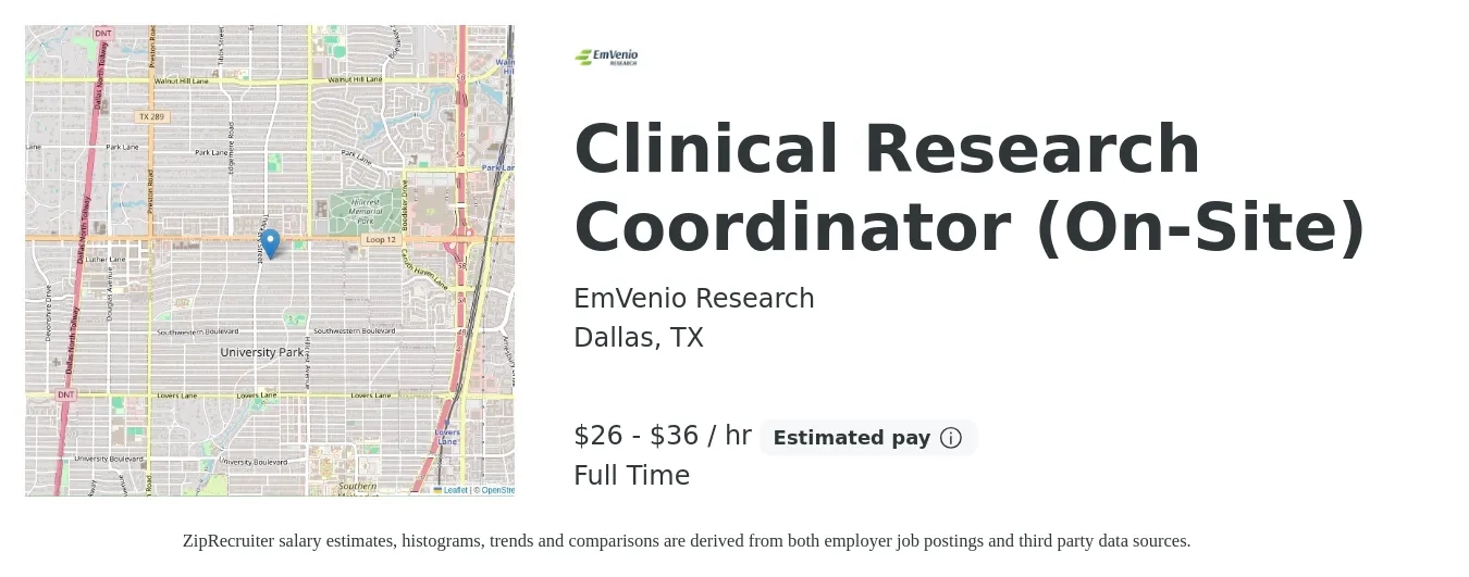 EmVenio Research job posting for a Clinical Research Coordinator (On-Site) in Dallas, TX with a salary of $28 to $38 Hourly with a map of Dallas location.
