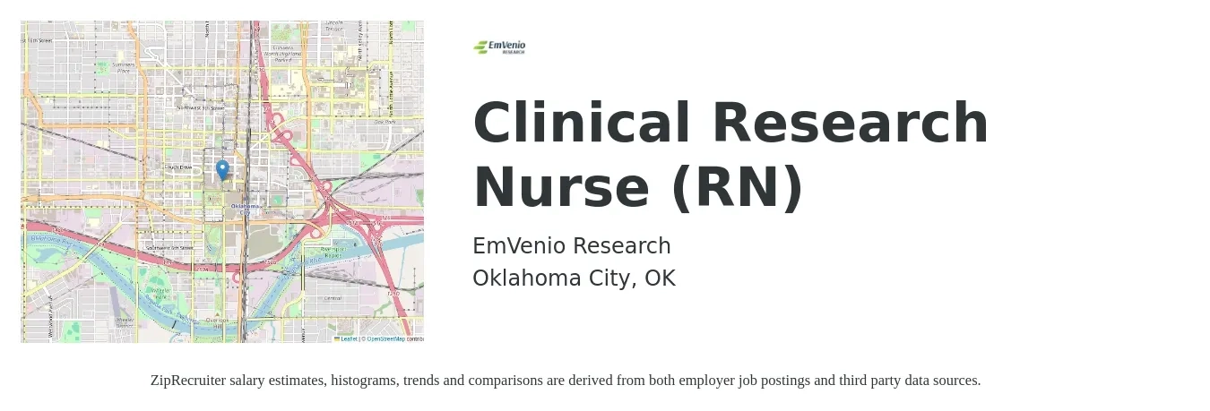 EmVenio Research job posting for a Clinical Research Nurse (RN) in Oklahoma City, OK with a salary of $80,000 to $100,000 Yearly with a map of Oklahoma City location.