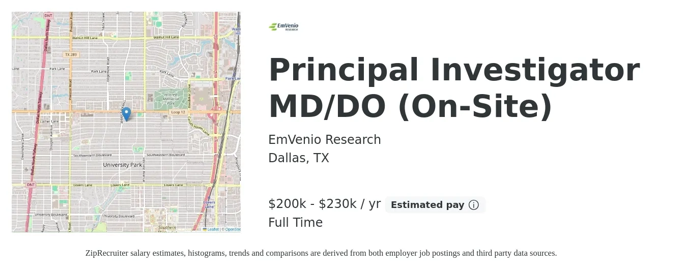 EmVenio Research job posting for a Principal Investigator MD/DO (On-Site) in Dallas, TX with a salary of $200,000 to $230,000 Yearly with a map of Dallas location.