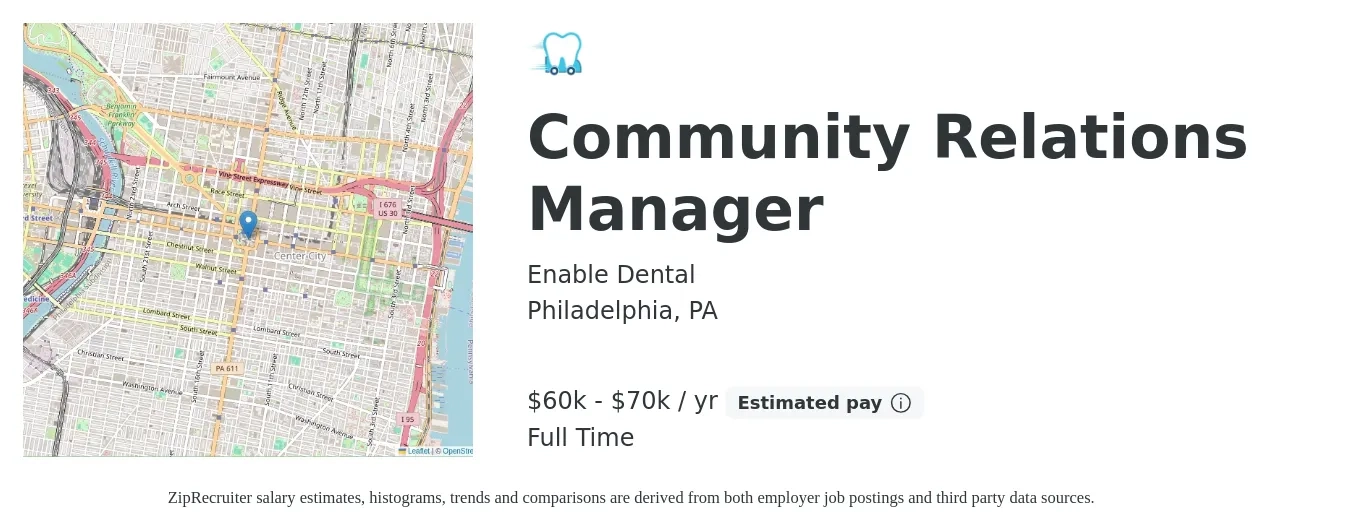 Enable Dental job posting for a Community Relations Manager in Philadelphia, PA with a salary of $60,000 to $70,000 Yearly with a map of Philadelphia location.