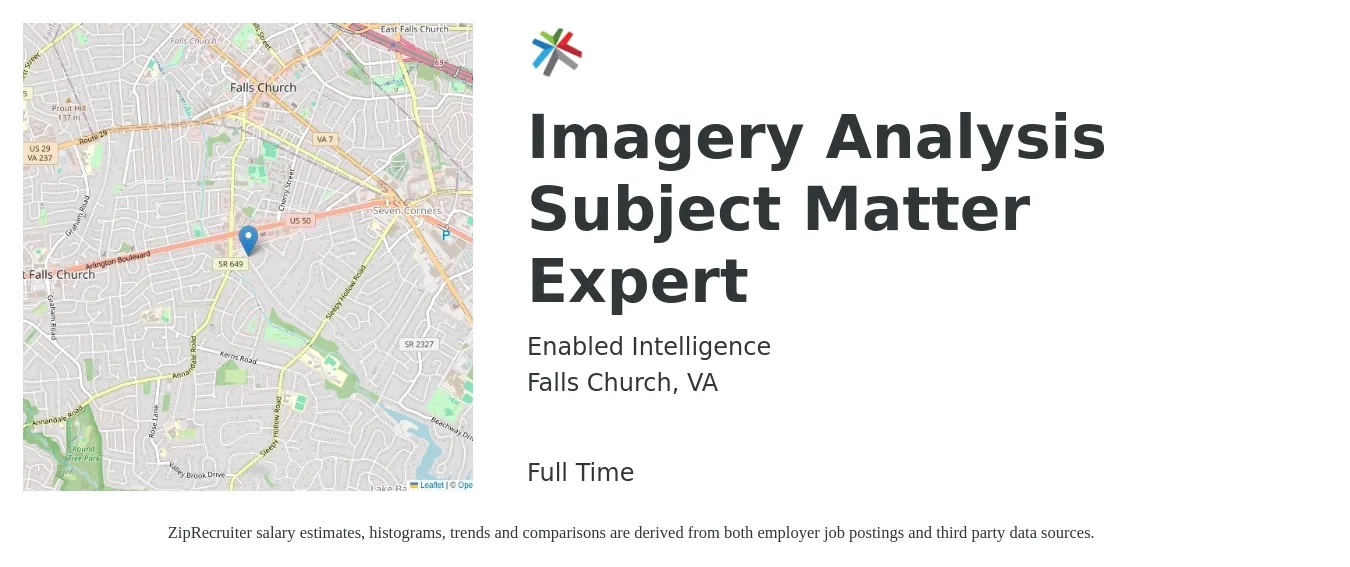 Enabled Intelligence job posting for a Imagery Analysis Subject Matter Expert in Falls Church, VA with a salary of $66,700 to $90,700 Yearly with a map of Falls Church location.