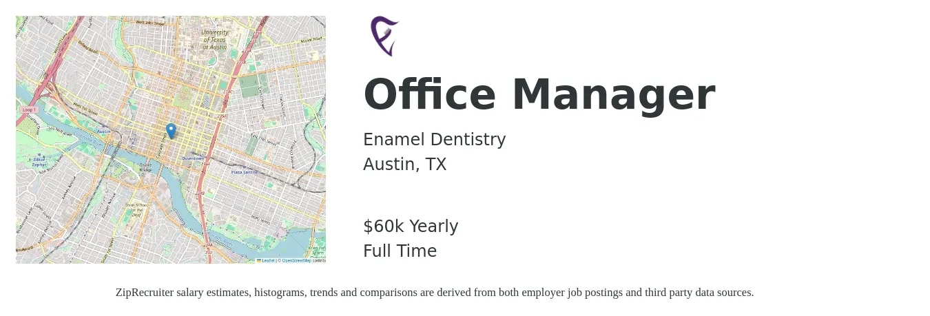 Enamel Dentistry job posting for a Office Manager in Austin, TX with a salary of $39,600 to $58,500 Yearly with a map of Austin location.