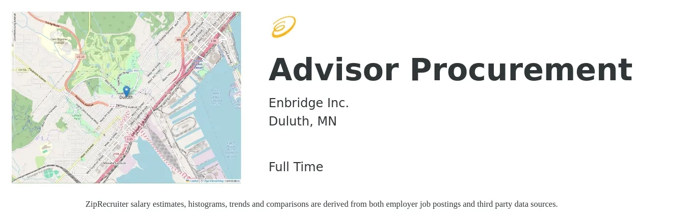 Enbridge Inc. job posting for a Advisor Procurement in Duluth, MN with a salary of $24 to $39 Hourly with a map of Duluth location.