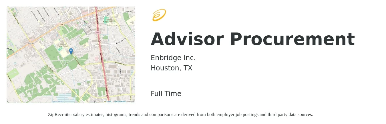 Enbridge Inc. job posting for a Advisor Procurement in Houston, TX with a salary of $23 to $37 Hourly with a map of Houston location.