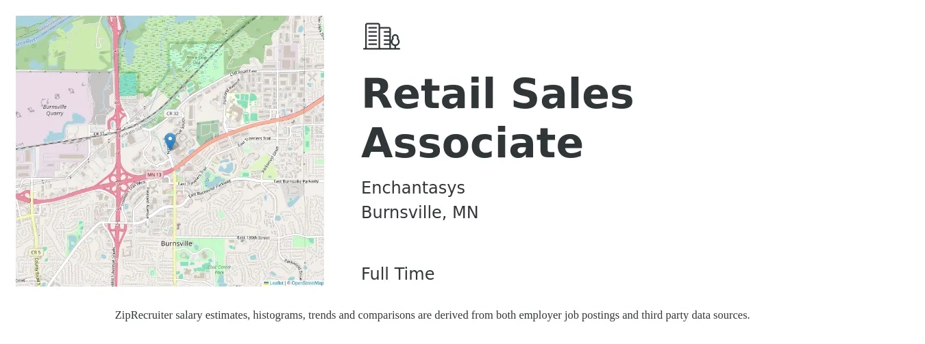 Enchantasys job posting for a Retail Sales Associate in Burnsville, MN with a salary of $16 to $18 Hourly with a map of Burnsville location.