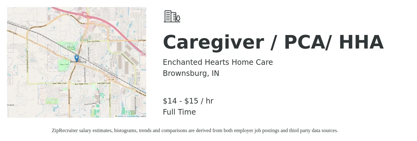 Enchanted Hearts Home Care job posting for a Caregiver / PCA/ HHA in Brownsburg, IN with a salary of $15 to $16 Hourly with a map of Brownsburg location.