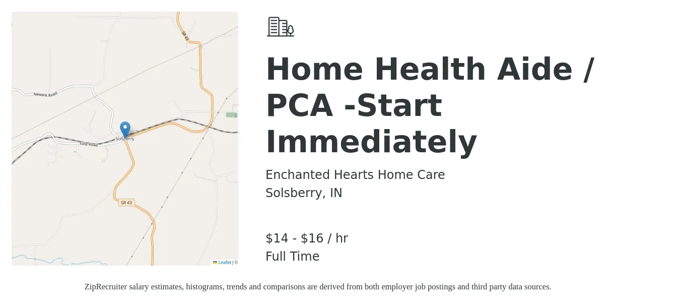 Enchanted Hearts Home Care job posting for a Home Health Aide / PCA -Start Immediately in Solsberry, IN with a salary of $15 to $17 Hourly with a map of Solsberry location.