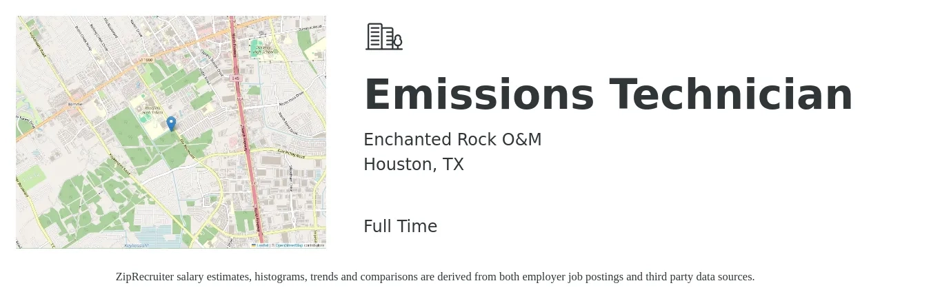 Enchanted Rock O&M job posting for a Emissions Technician in Houston, TX with a salary of $20 to $29 Hourly with a map of Houston location.