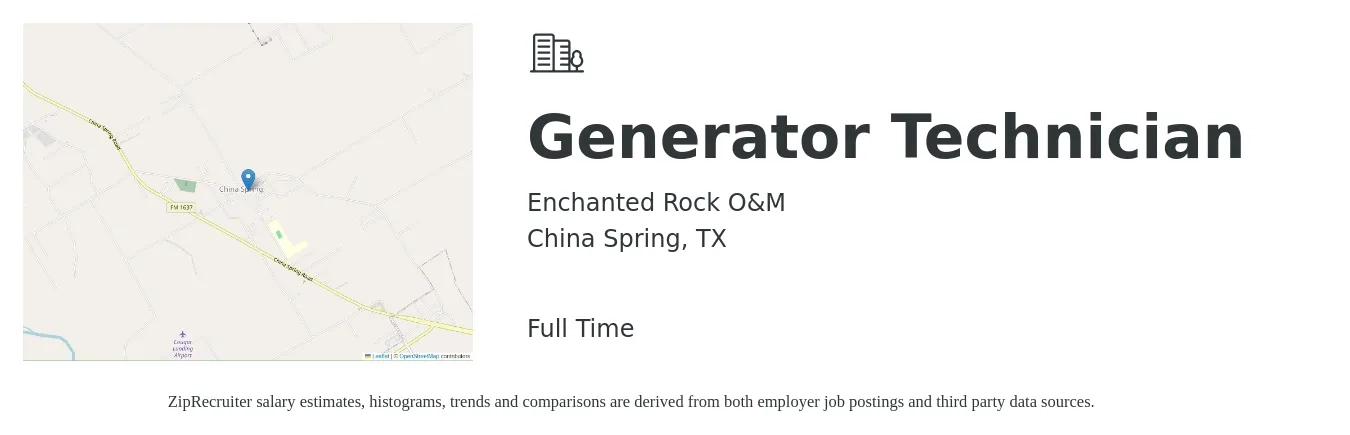 Enchanted Rock O&M job posting for a Generator Technician in China Spring, TX with a salary of $20 to $32 Hourly with a map of China Spring location.