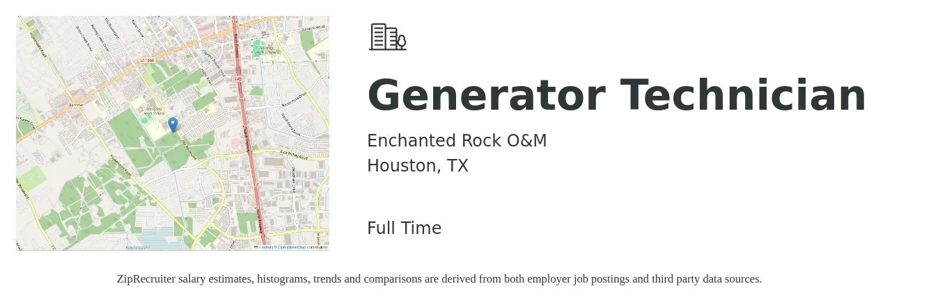 Enchanted Rock O&M job posting for a Generator Technician in Houston, TX with a salary of $22 to $35 Hourly with a map of Houston location.