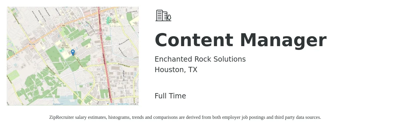 Enchanted Rock Solutions job posting for a Content Manager in Houston, TX with a salary of $26 to $45 Hourly with a map of Houston location.