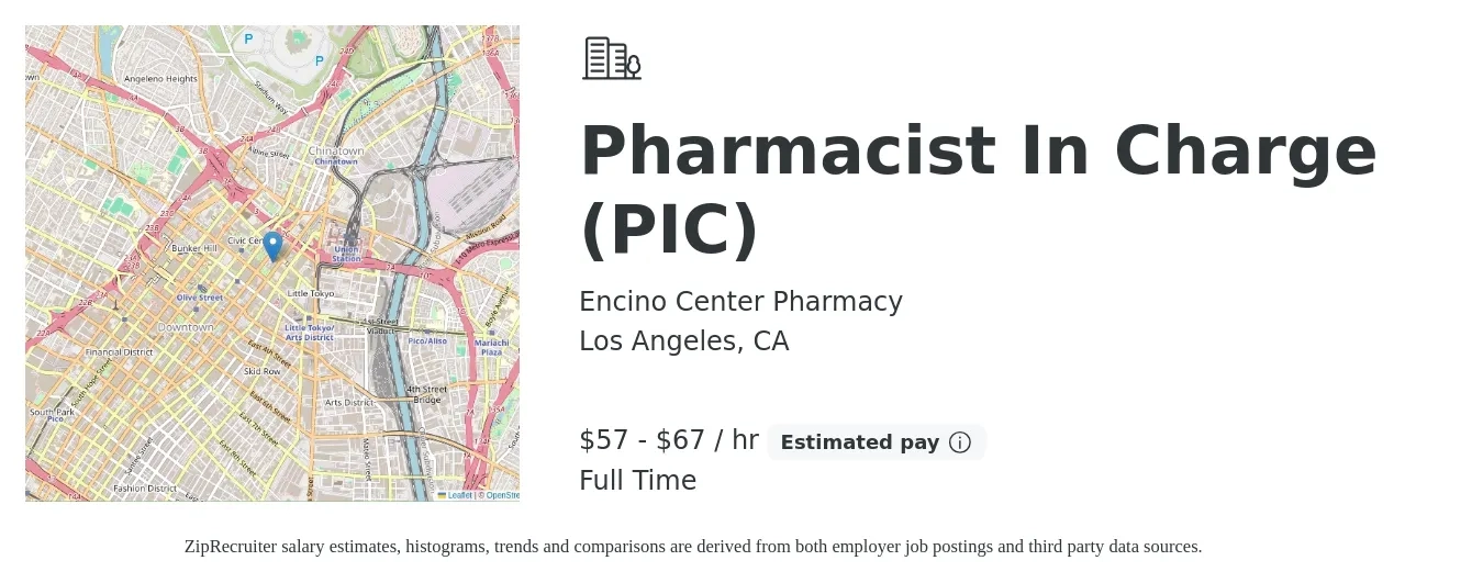 Encino Center Pharmacy job posting for a Pharmacist In Charge (PIC) in Los Angeles, CA with a salary of $60 to $70 Hourly with a map of Los Angeles location.