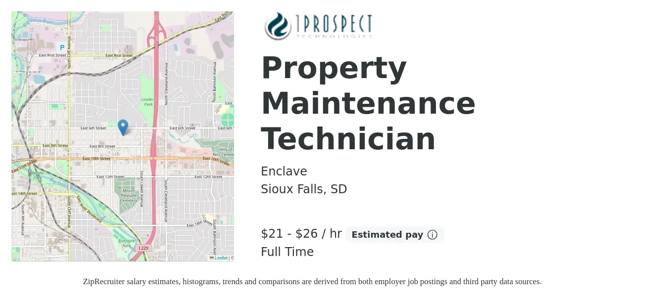 Enclave job posting for a Property Maintenance Technician in Sioux Falls, SD with a salary of $22 to $28 Hourly with a map of Sioux Falls location.