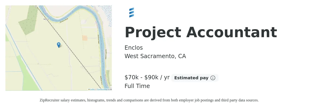 Enclos job posting for a Project Accountant in West Sacramento, CA with a salary of $70,000 to $90,000 Yearly with a map of West Sacramento location.