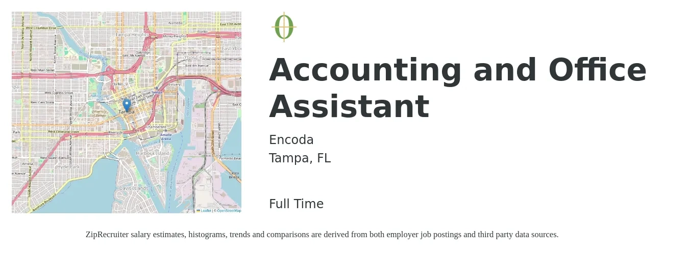 Encoda job posting for a Accounting and Office Assistant in Tampa, FL with a salary of $18 to $24 Hourly with a map of Tampa location.