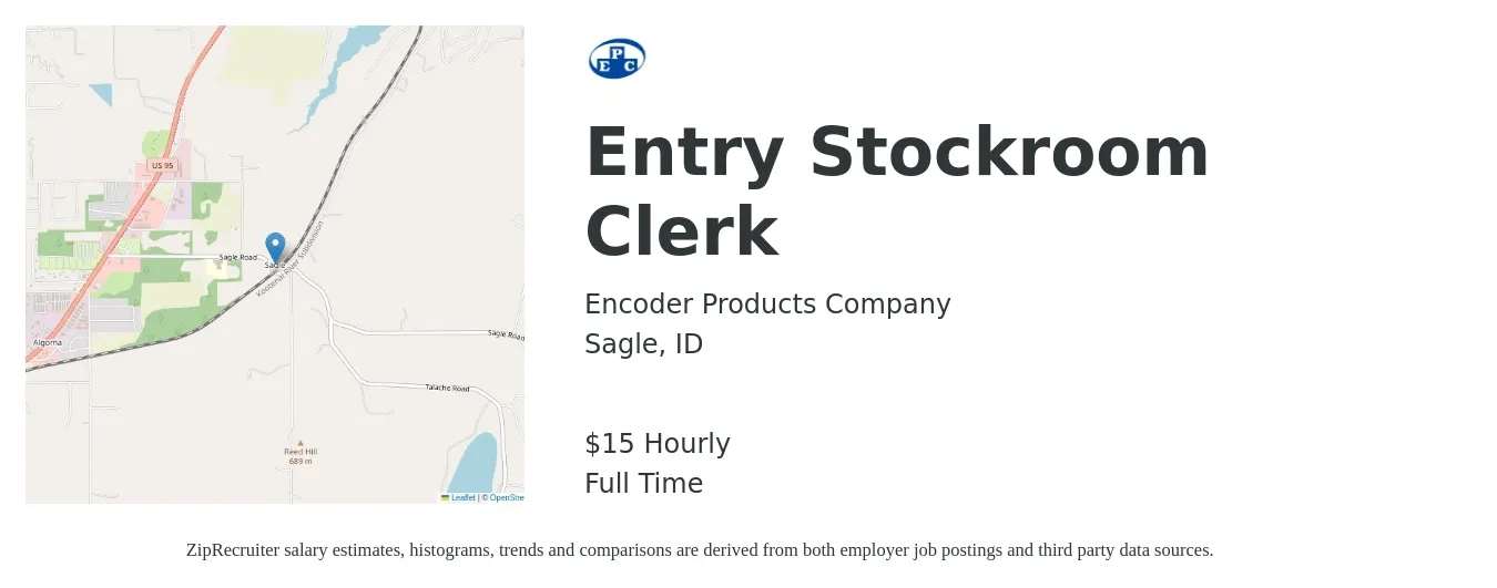 Encoder Products Company job posting for a Entry Stockroom Clerk in Sagle, ID with a salary of $16 Hourly with a map of Sagle location.