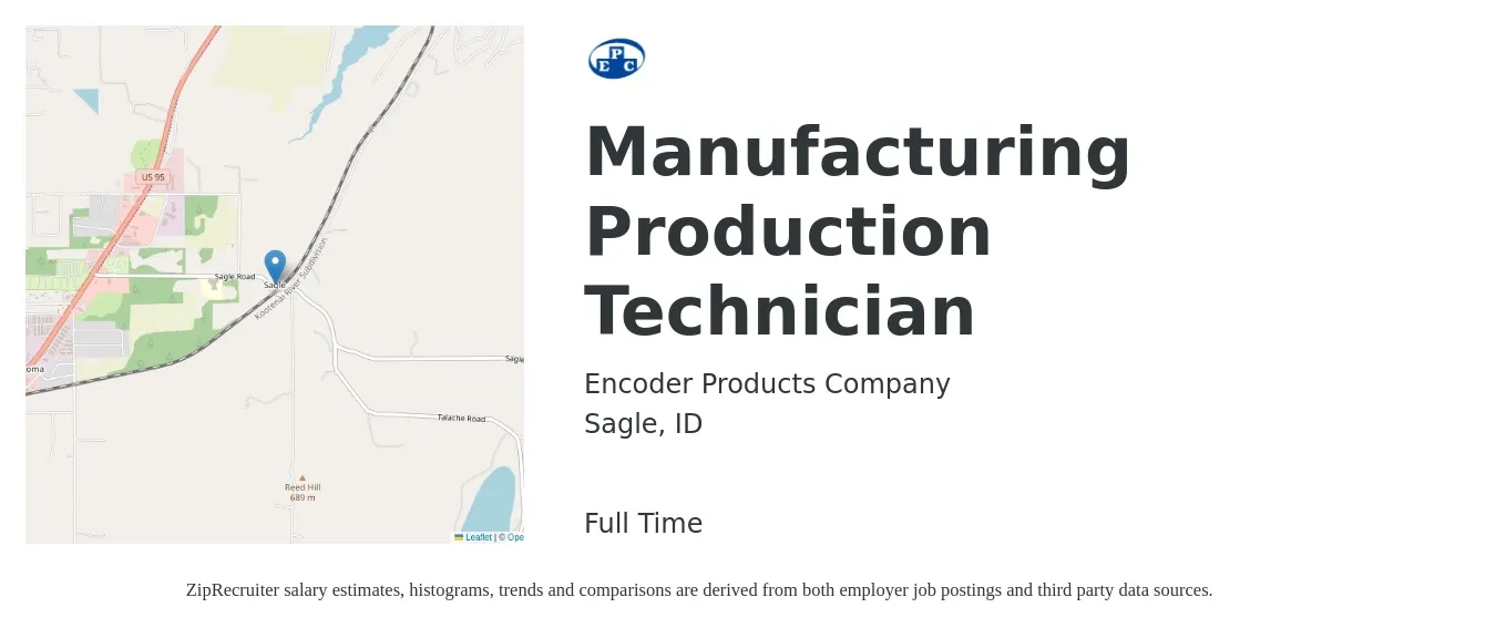 Encoder Products Company job posting for a Manufacturing Production Technician in Sagle, ID with a salary of $16 to $20 Hourly with a map of Sagle location.