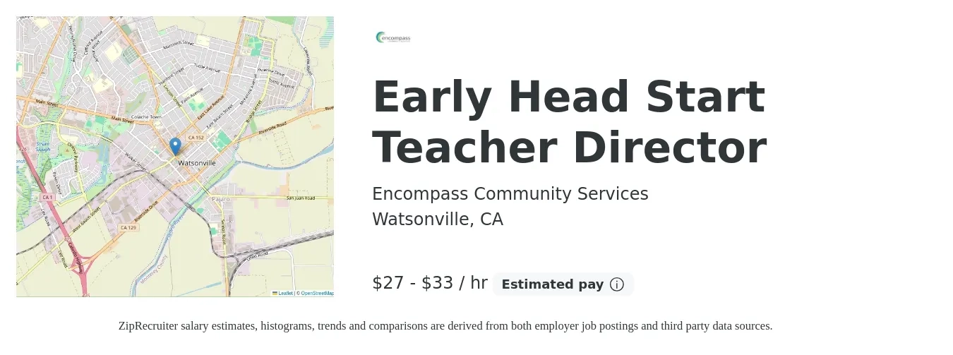 Encompass Community Services job posting for a Early Head Start Teacher Director in Watsonville, CA with a salary of $29 to $35 Hourly with a map of Watsonville location.
