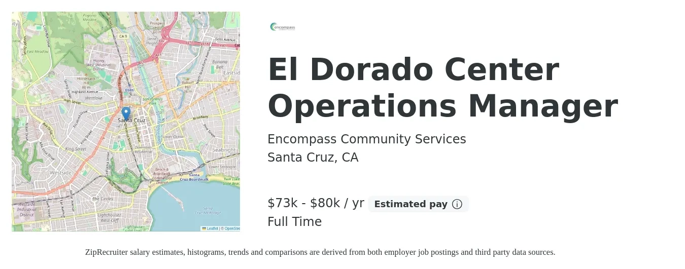 Encompass Community Services job posting for a El Dorado Center Operations Manager in Santa Cruz, CA with a salary of $73,000 to $80,000 Yearly with a map of Santa Cruz location.