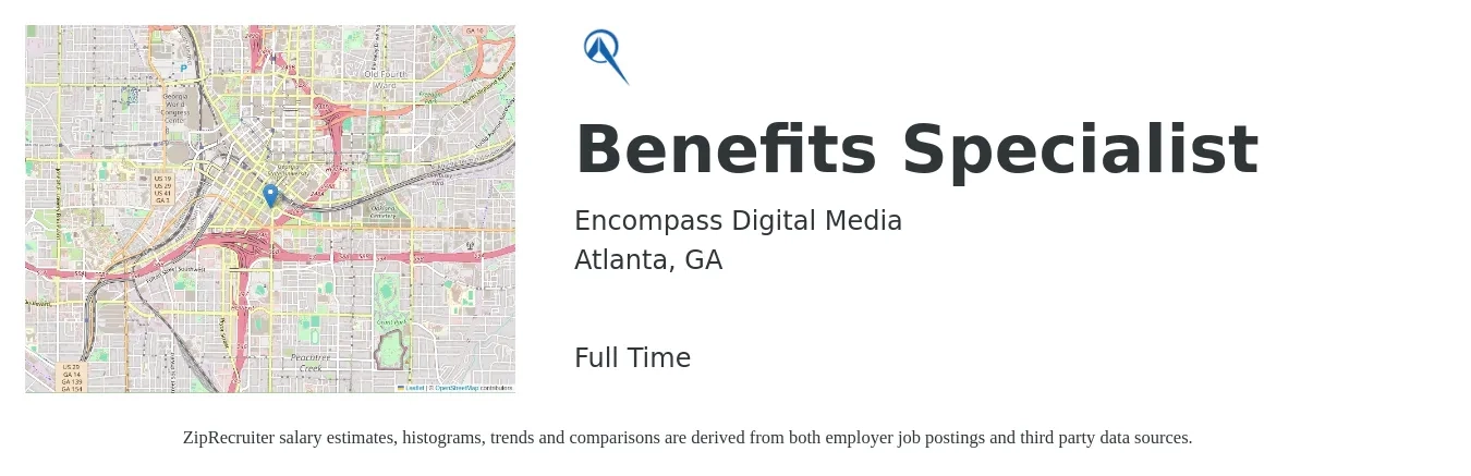 Encompass Digital Media job posting for a Benefits Specialist in Atlanta, GA with a salary of $42,200 to $63,500 Yearly with a map of Atlanta location.