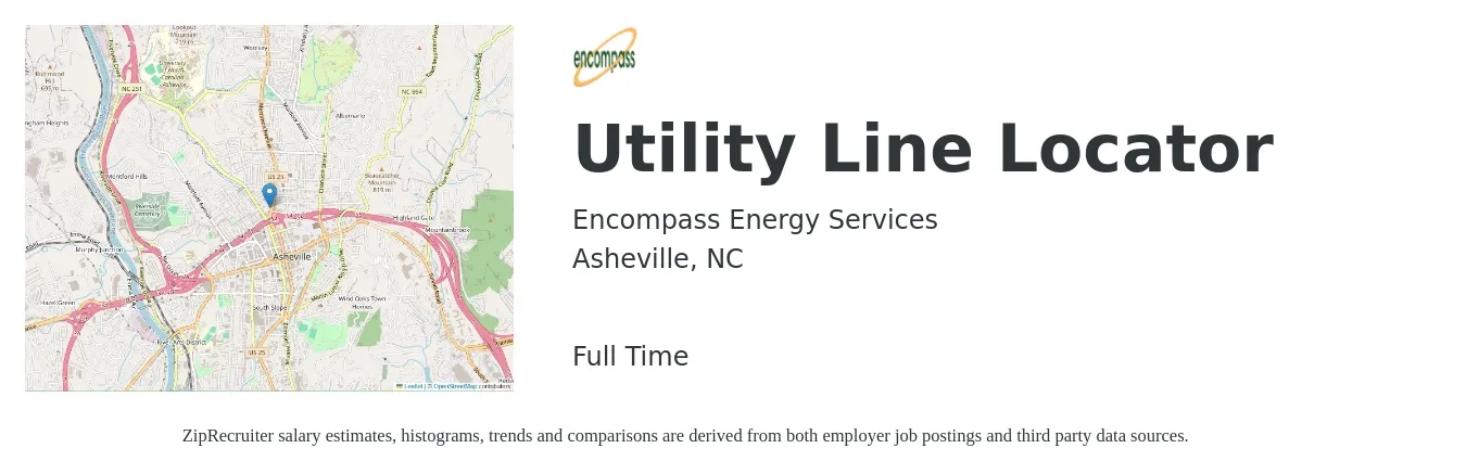 Encompass Energy Services job posting for a Utility Line Locator in Asheville, NC with a salary of $15 to $19 Hourly with a map of Asheville location.