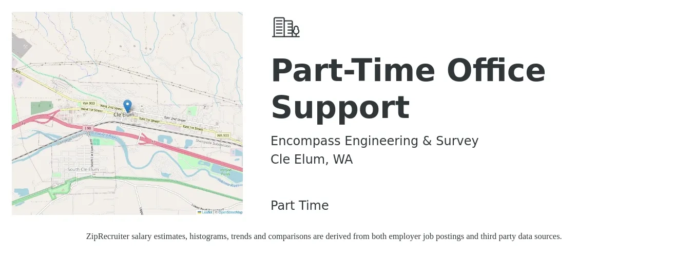 Encompass Engineering & Survey job posting for a Part-Time Office Support in Cle Elum, WA with a salary of $17 to $22 Hourly with a map of Cle Elum location.