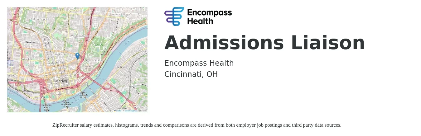 Encompass Health job posting for a Admissions Liaison in Cincinnati, OH with a salary of $18 to $32 Hourly with a map of Cincinnati location.