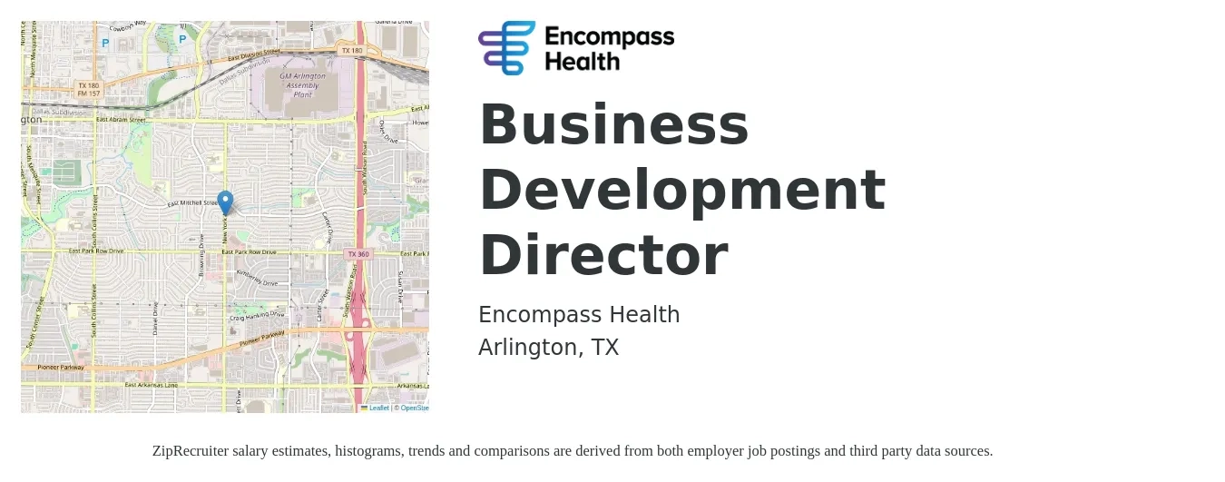 Encompass Health job posting for a Business Development Director in Arlington, TX with a salary of $84,100 to $136,300 Yearly with a map of Arlington location.