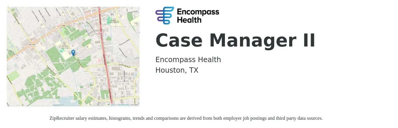 Encompass Health job posting for a Case Manager II in Houston, TX with a salary of $31 to $50 Hourly with a map of Houston location.