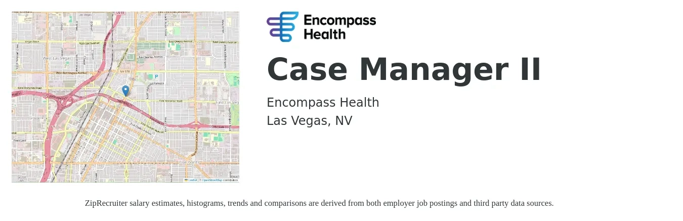 Encompass Health job posting for a Case Manager II in Las Vegas, NV with a salary of $35 to $58 Hourly with a map of Las Vegas location.