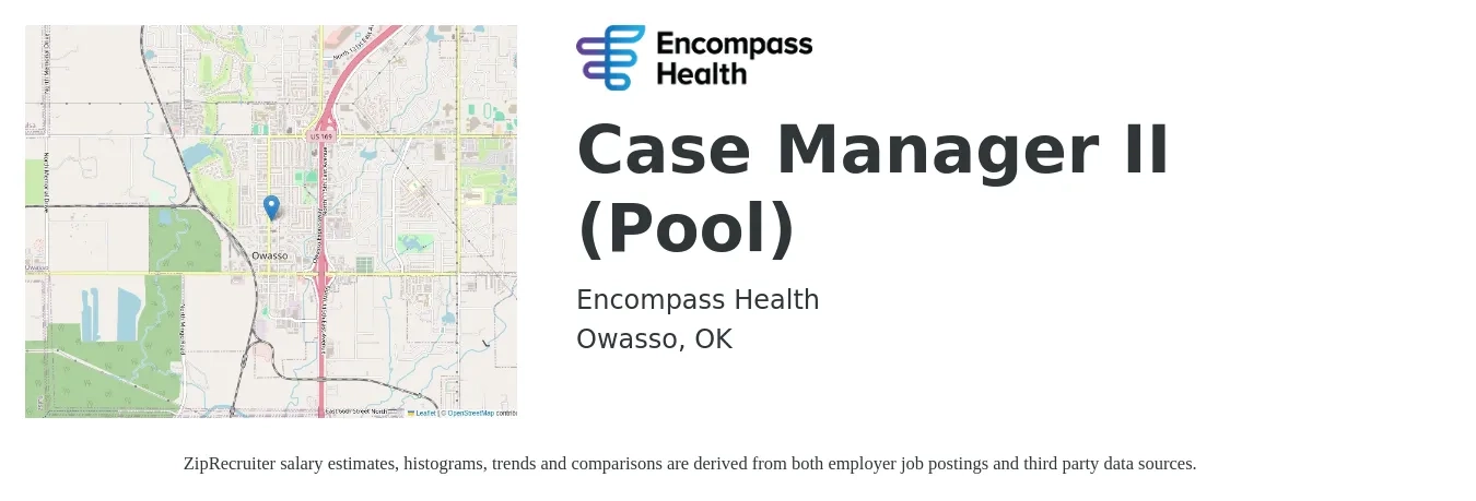 Encompass Health job posting for a Case Manager II (Pool) in Owasso, OK with a salary of $31 to $51 Hourly with a map of Owasso location.