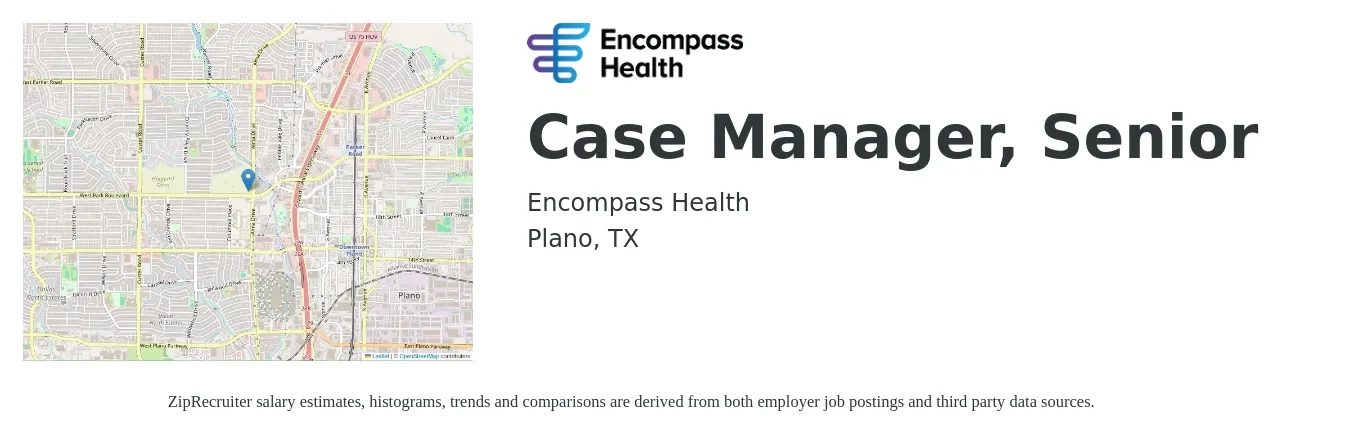 Encompass Health job posting for a Case Manager, Senior in Plano, TX with a salary of $48,200 to $112,200 Yearly with a map of Plano location.